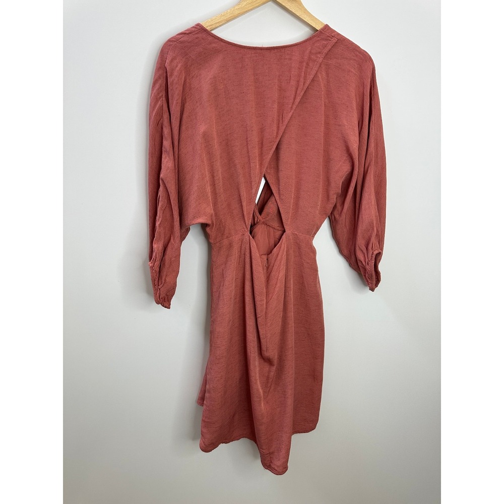 Anthropologie Tie-Front Wrap Mini Dress Size 8 Rust Viscose Linen 3/4 Sleeves - Picture 12 of 16